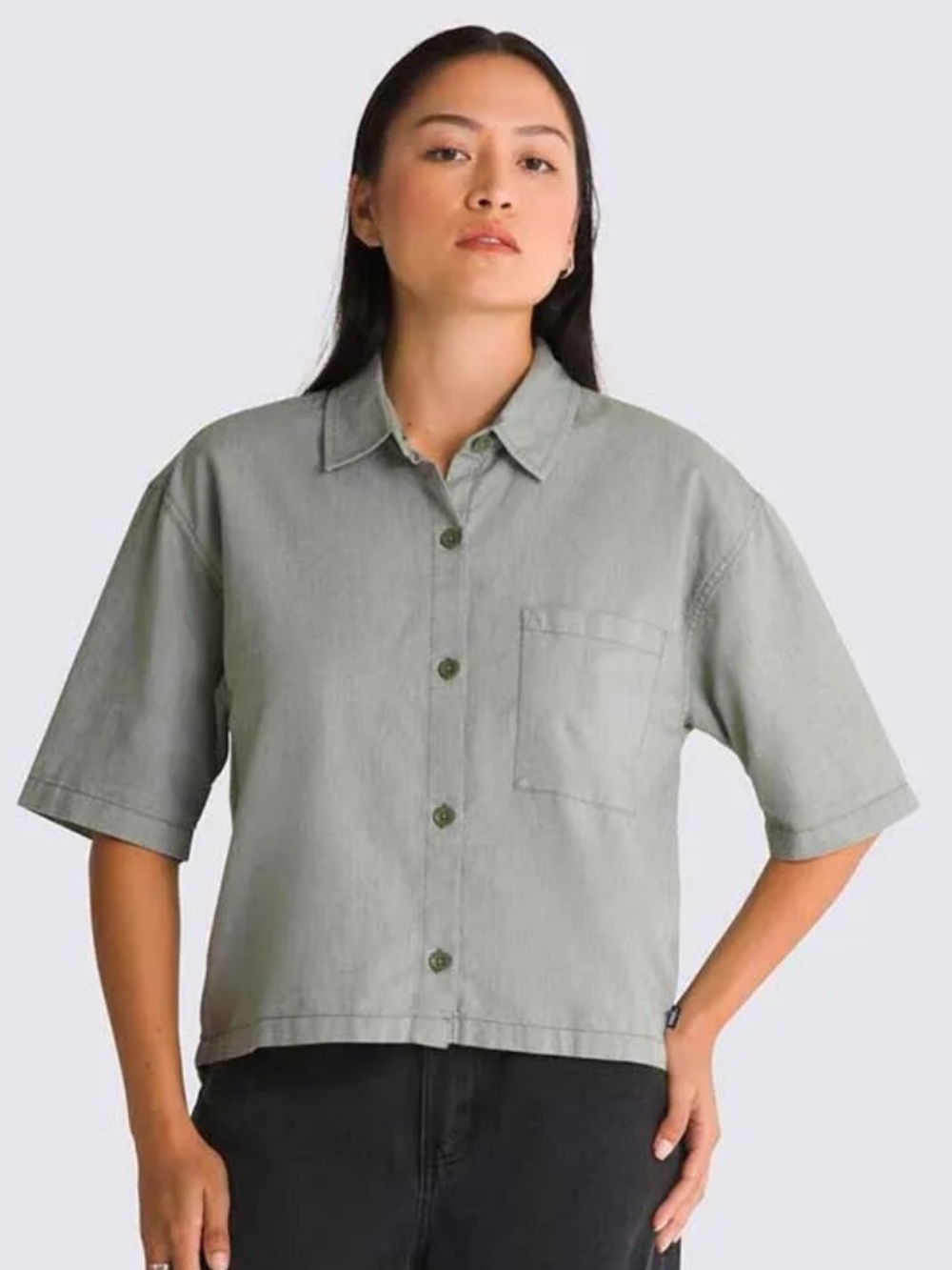 Vans McMillian Olive Green Crop Boxy Button Down Short Sleeve Shirt Size S